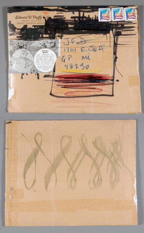 Untitled (Envelope of 17 drawings, 3 clippings and 1 photograph)