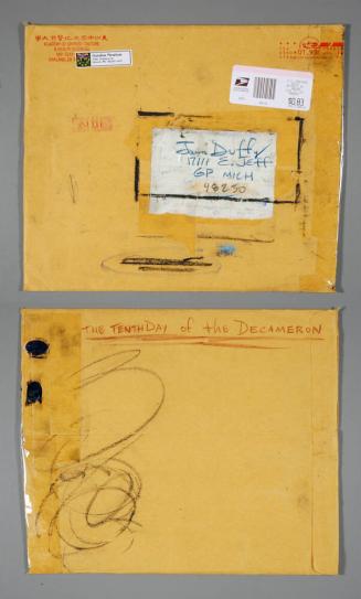 Untitled (Envelope with 14 drawings, 4 clippings, 1 photograph and 1 card)